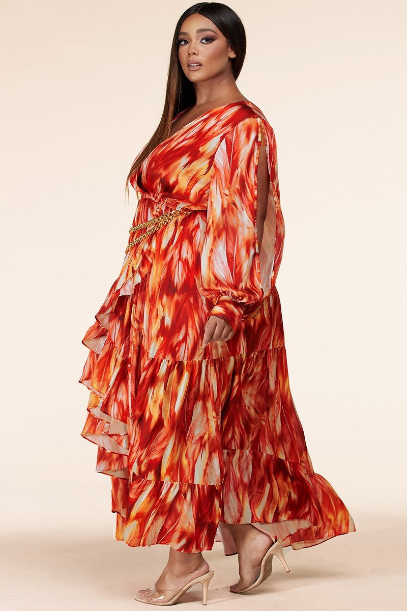 Plus-Size Fire Print Long Sleeve Maxi Dress - steven wick