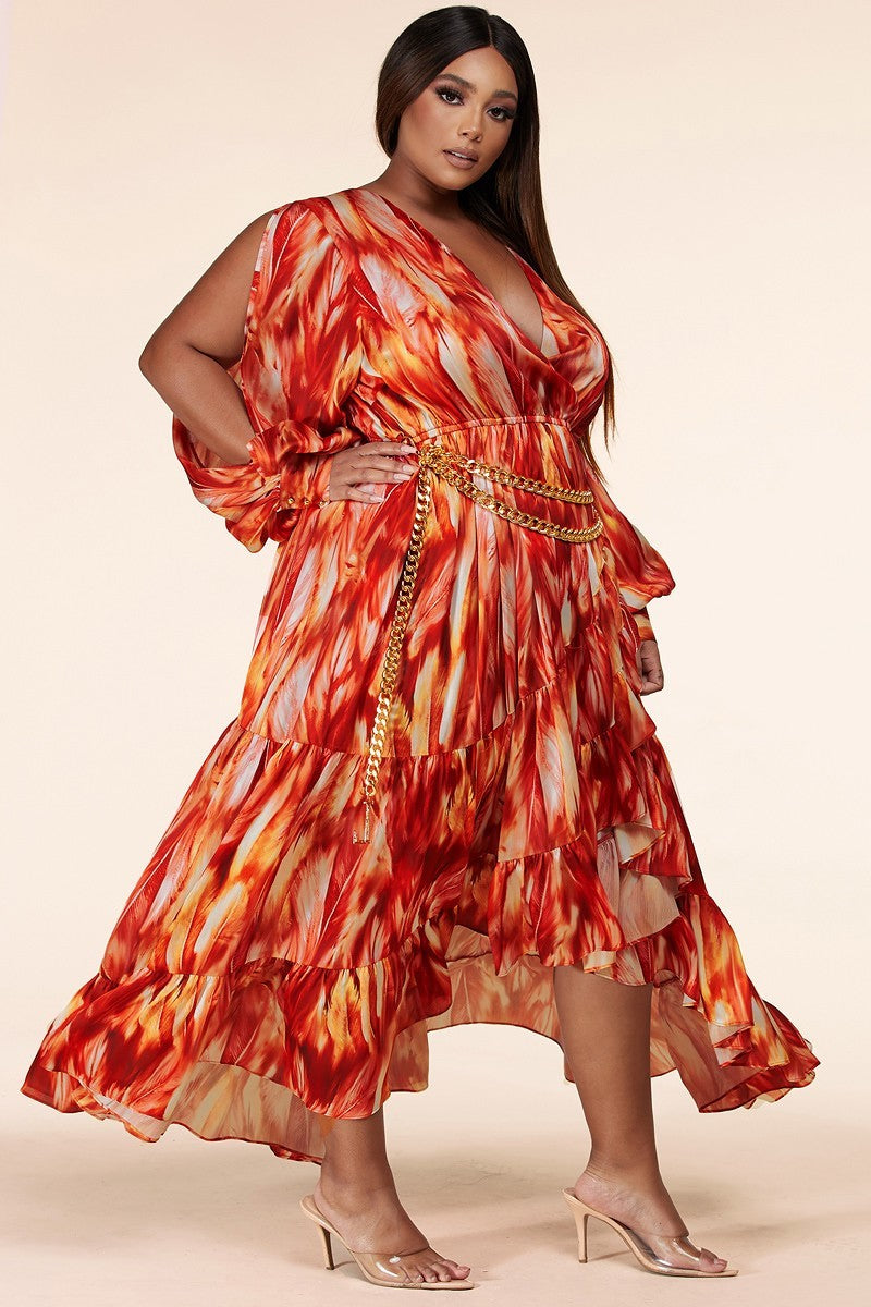 Plus-Size Fire Print Long Sleeve Maxi Dress - steven wick