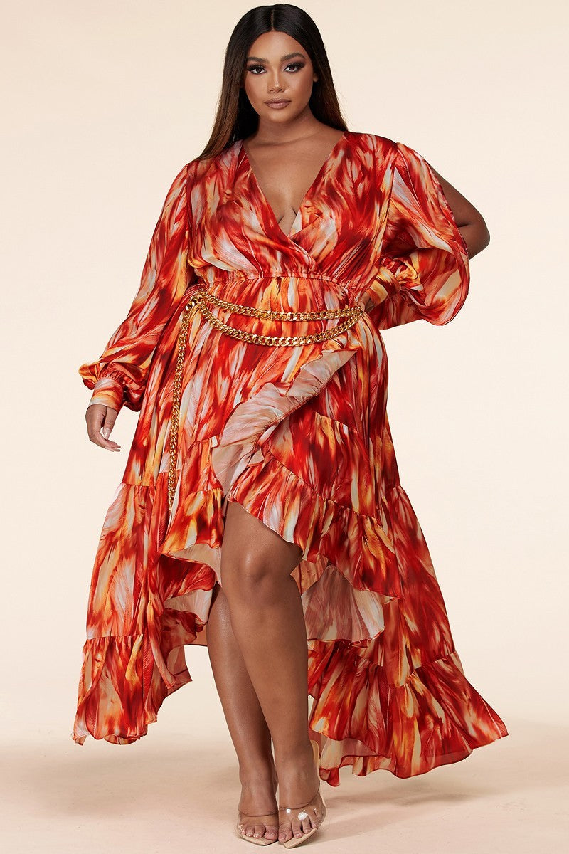 Plus-Size Fire Print Long Sleeve Maxi Dress - steven wick