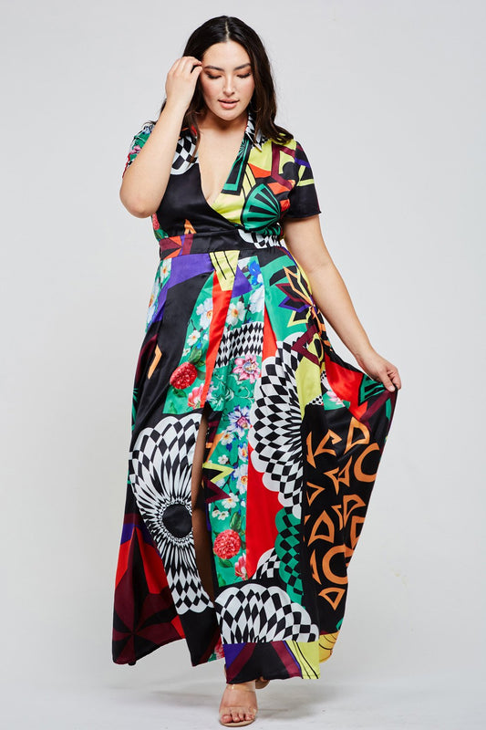 Multi - Color Abstract Print Boho Black Maxi Dress - steven wick