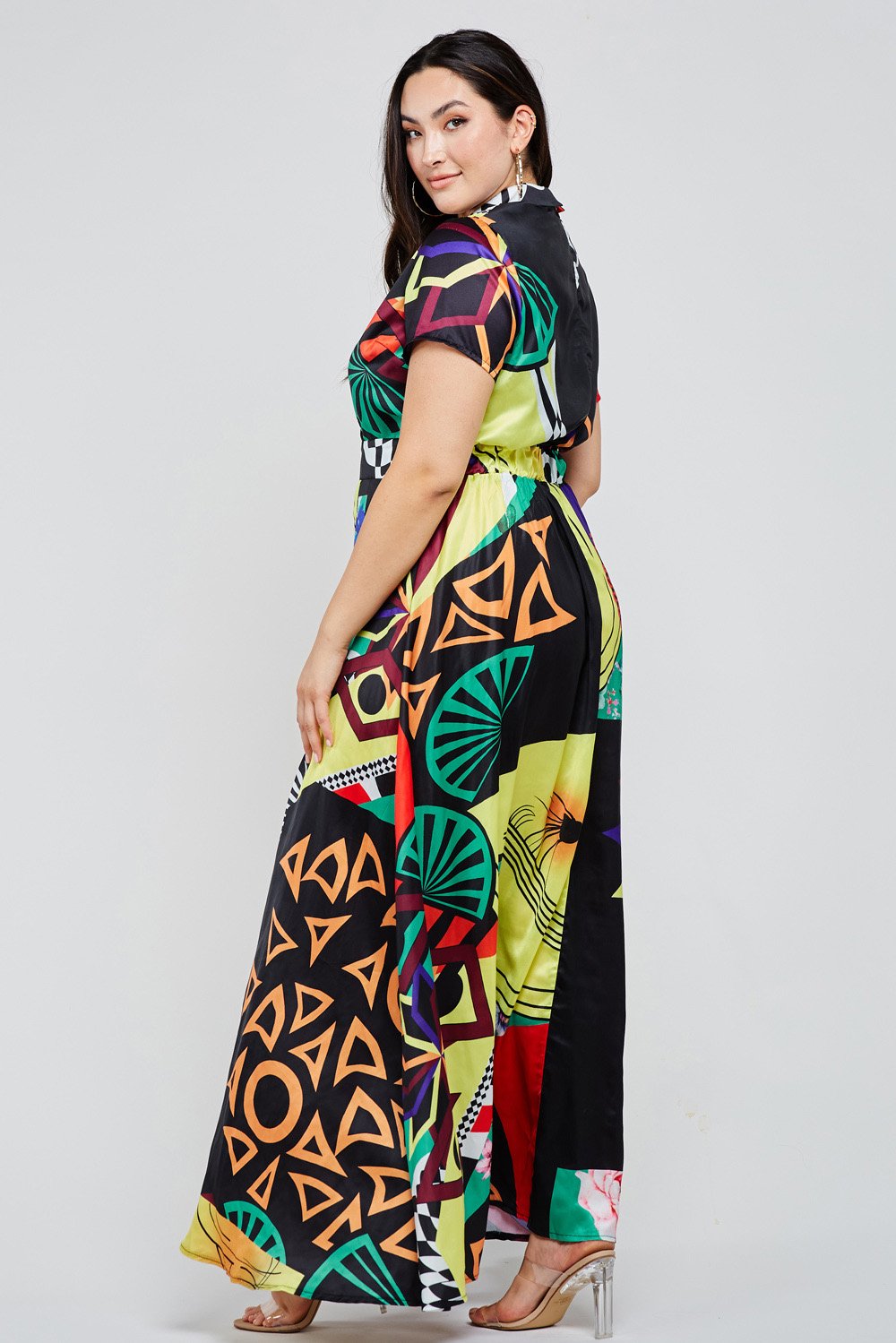 Multi - Color Abstract Print Boho Black Maxi Dress - steven wick