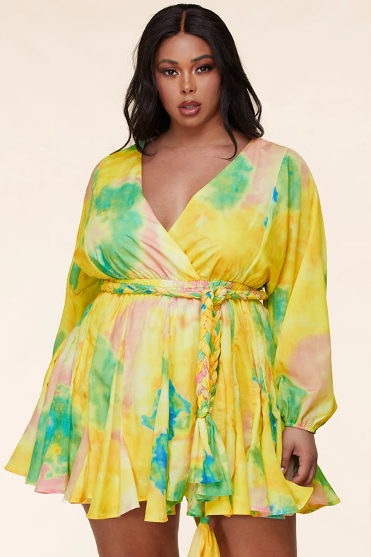 Plus Size Long Sleeve Multi-Color Tie Dye Mini Dress - steven wick