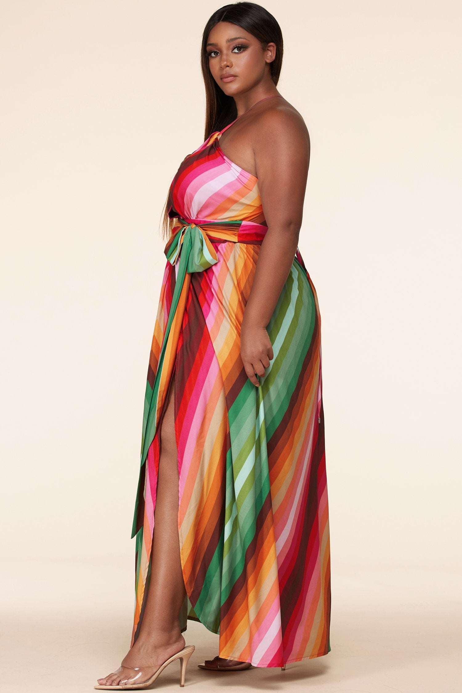 Plus Size Lux Striped Twist Front Cutout Maxi Dress 1X / Multi-Color Plus Size Lux Striped Twist Front Cutout Maxi Dress 1X / Multi-Color