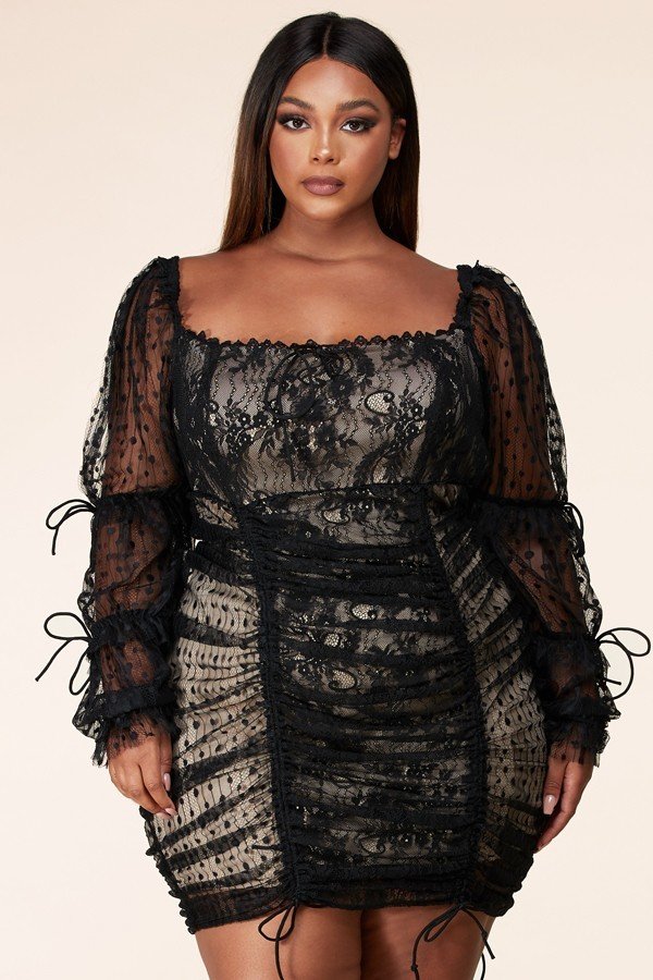 Plus-Size Emani Black Lace Ruched Mini Dress - steven wick