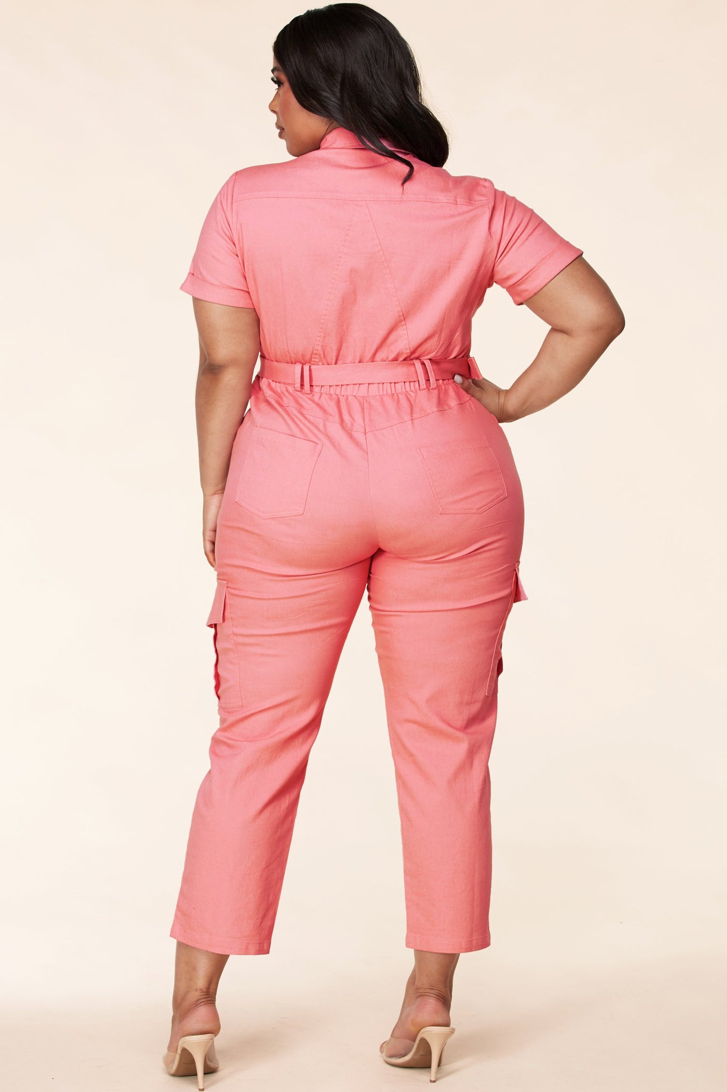 Coral Pink Zip-up Short Sleeve Collared Tapered Jumpsuit - steven wick