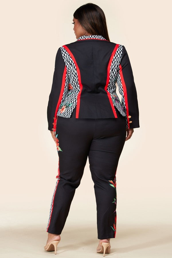 Plus-Size Black Flower Blazer Pant Suit Set - steven wick
