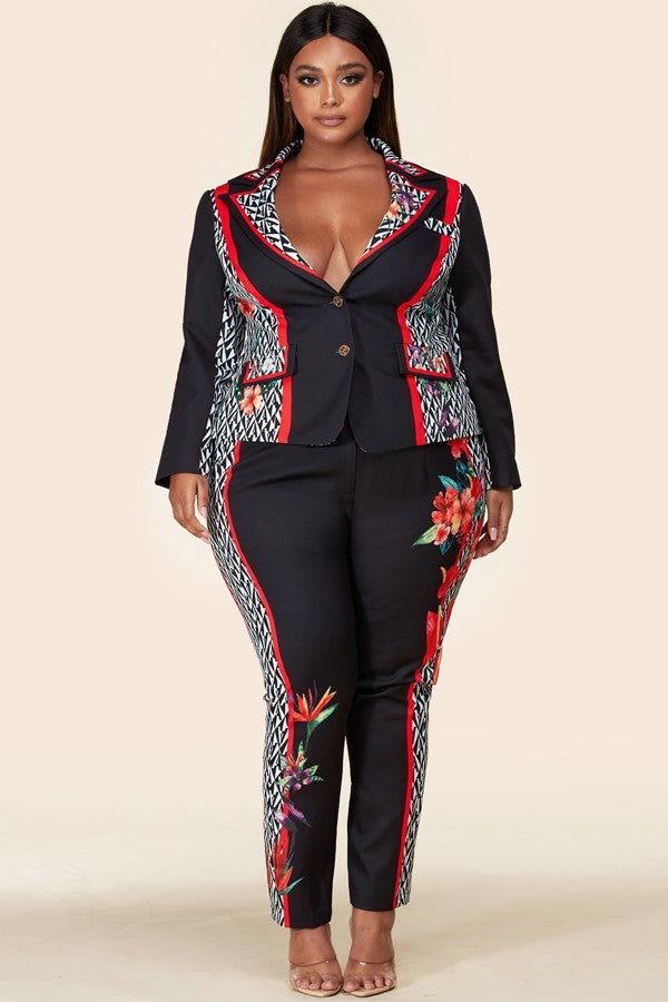 Plus-Size Black Flower Blazer Pant Suit Set 1X / Black Flower