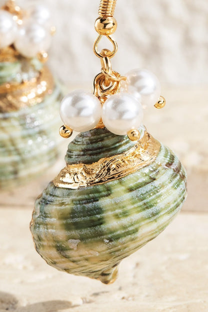 Sea Shell Pearl Beads Dangle Drop Fish Hook Earrings - steven wick