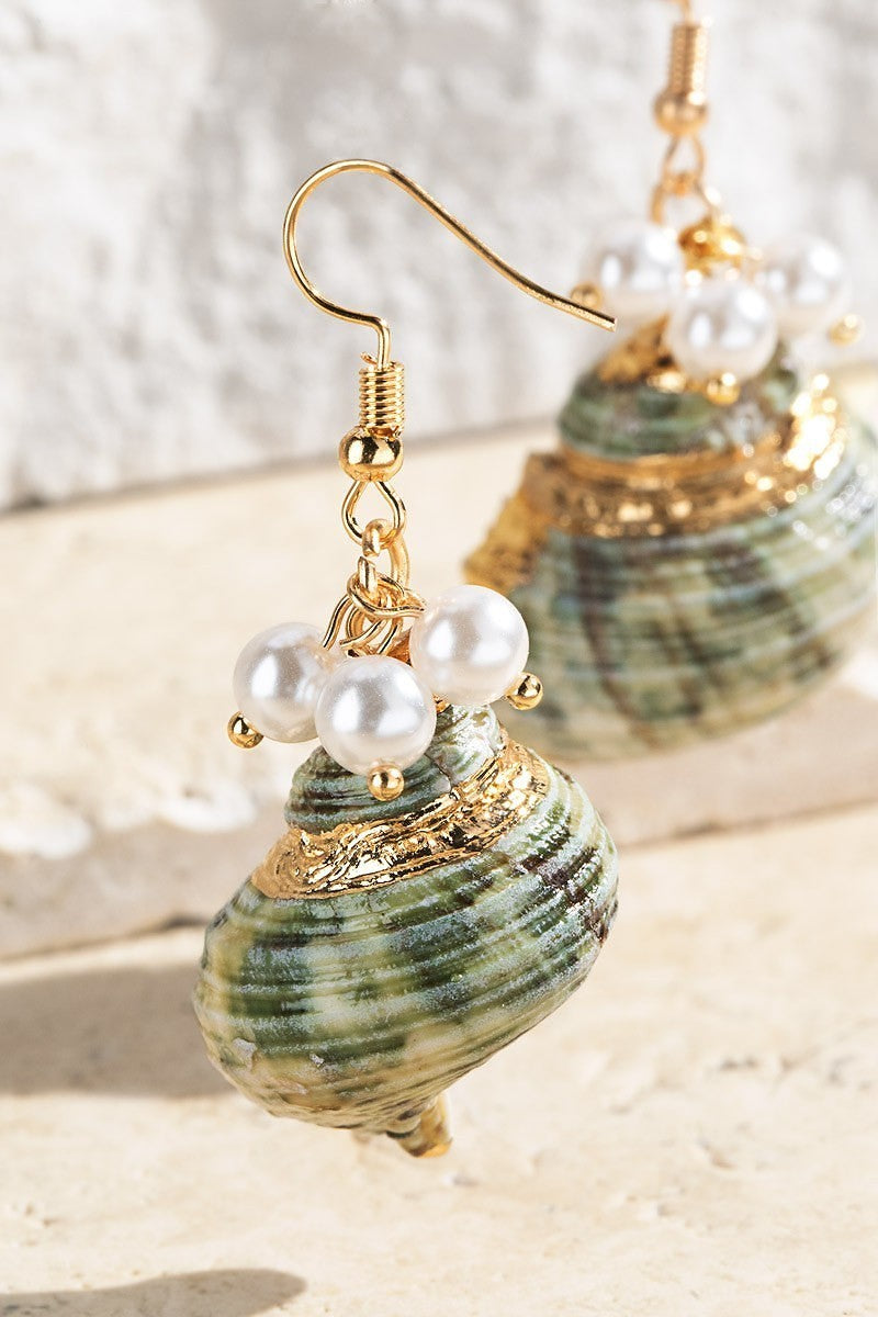 Sea Shell Pearl Beads Dangle Drop Fish Hook Earrings - steven wick