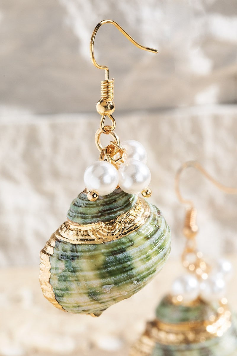 Sea Shell Pearl Beads Dangle Drop Fish Hook Earrings - steven wick