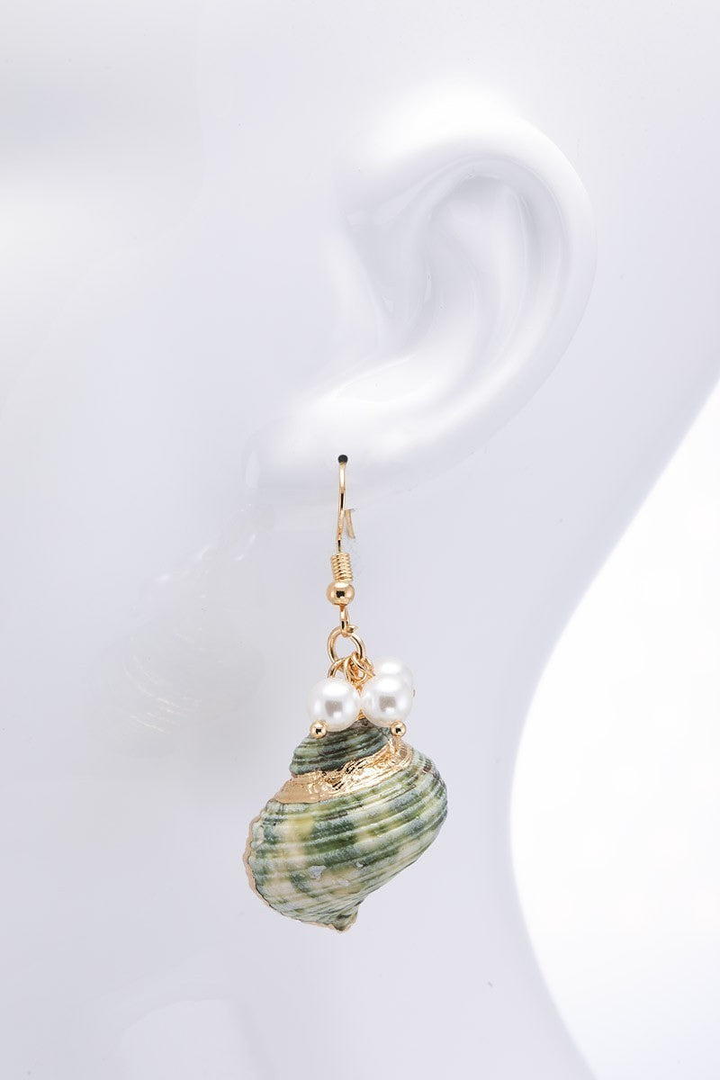 Sea Shell Pearl Beads Dangle Drop Fish Hook Earrings - steven wick