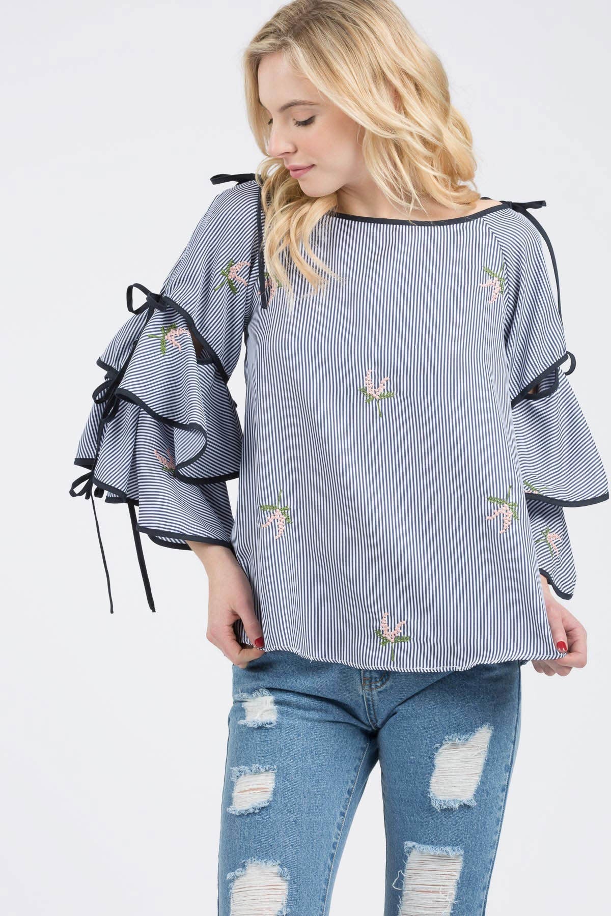 Navy Blue Floral Poplin Print Woven Top With Bell Sleeves - steven wick