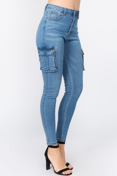 Ladies Dark Blue High Waist Skinny Jeans With Cargo Pockets - steven wick