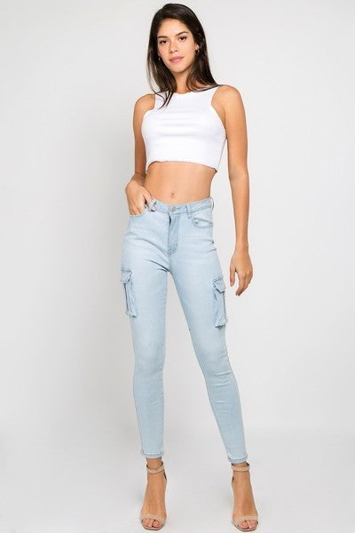 Ladies Light Blue High Waist Skinny Jeans With Cargo Pockets - steven wick