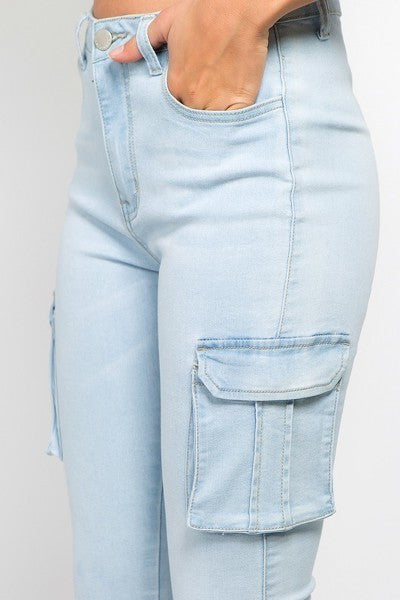 Ladies Light Blue High Waist Skinny Jeans With Cargo Pockets - steven wick