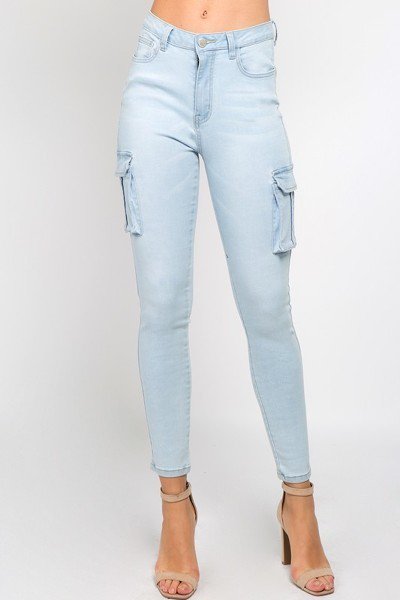 Ladies Light Blue High Waist Skinny Jeans With Cargo Pockets - steven wick