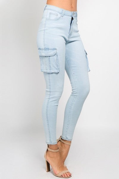 Ladies Light Blue High Waist Skinny Jeans With Cargo Pockets - steven wick