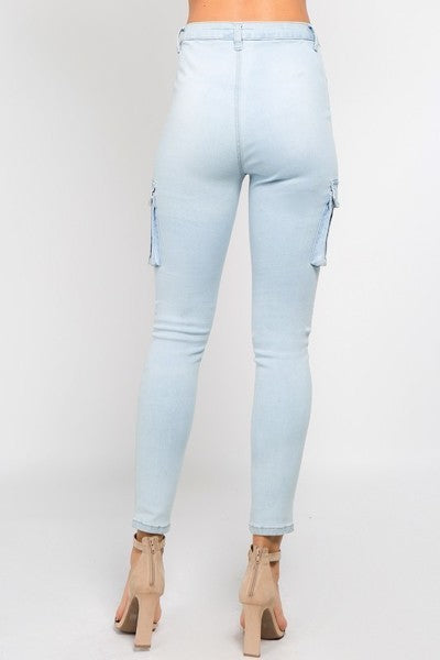 Ladies Light Blue High Waist Skinny Jeans With Cargo Pockets - steven wick