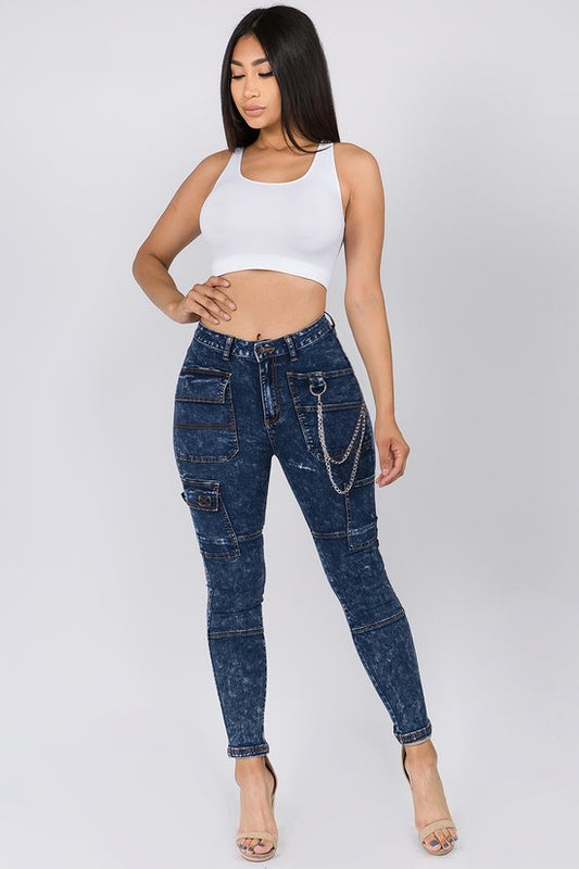 High Waist Dark Washed Skinny Jeans With Cargo Pockets - steven wick