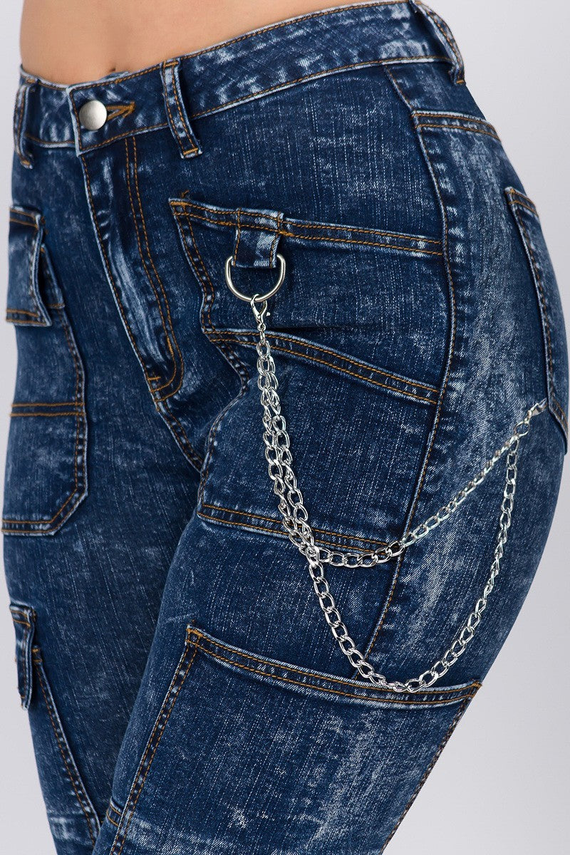 High Waist Dark Washed Skinny Jeans With Cargo Pockets - steven wick