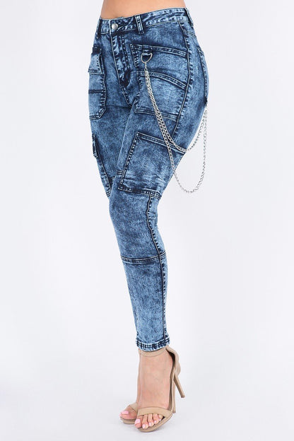 Plus Size High Waist Washed Skinny Jeans With Cargo Pockets - steven wick