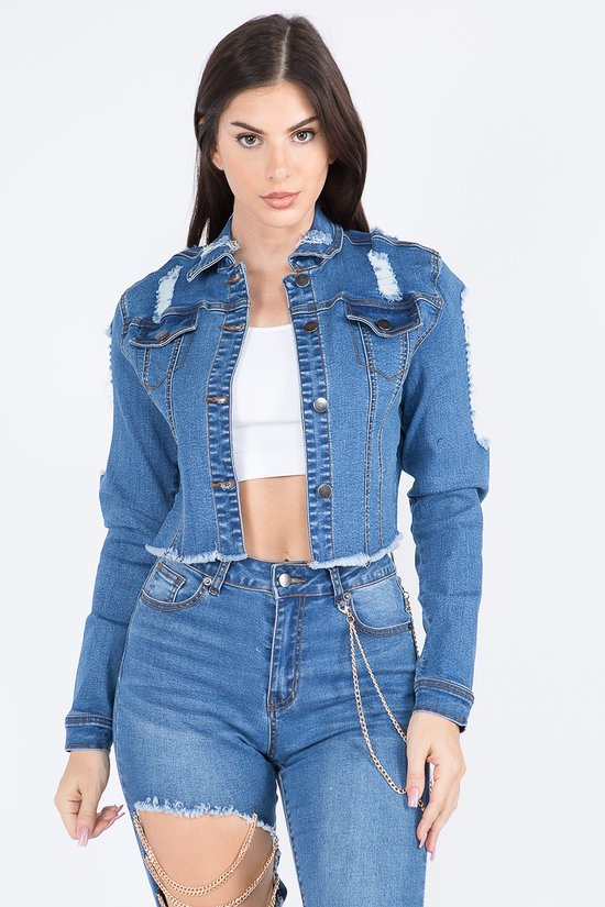 Anya Distressed Dark Blue Cropped Denim Jacket With Chains - steven wick