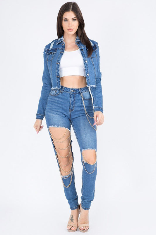 Anya Distressed Dark Blue Cropped Denim Jacket With Chains - steven wick