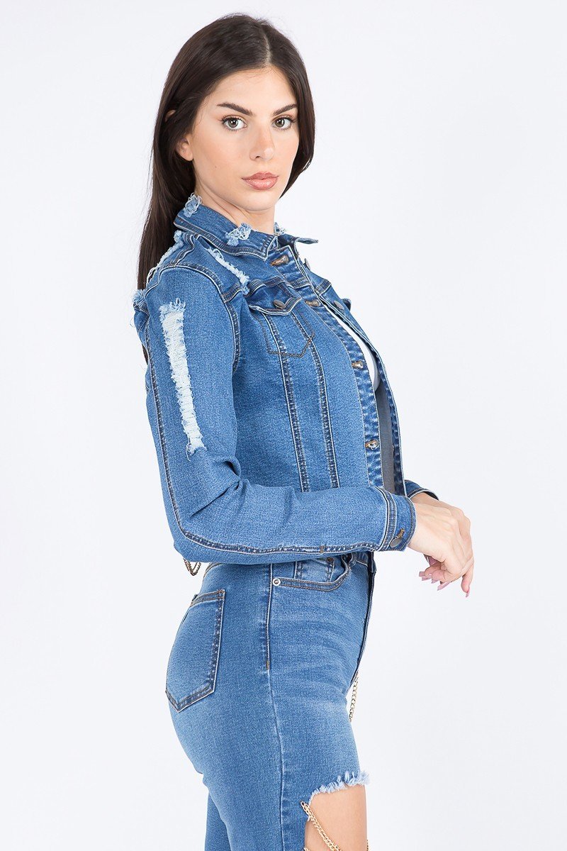 Anya Distressed Dark Blue Cropped Denim Jacket With Chains - steven wick