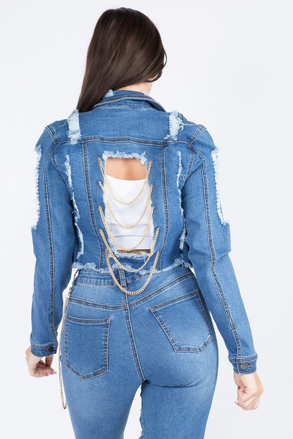 Anya Distressed Dark Blue Cropped Denim Jacket With Chains - steven wick