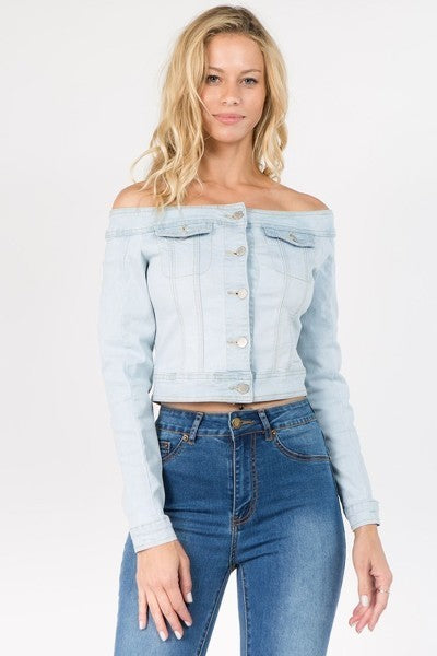 Ladies Light Blue Off Shoulder Cropped Denim Jacket - steven wick