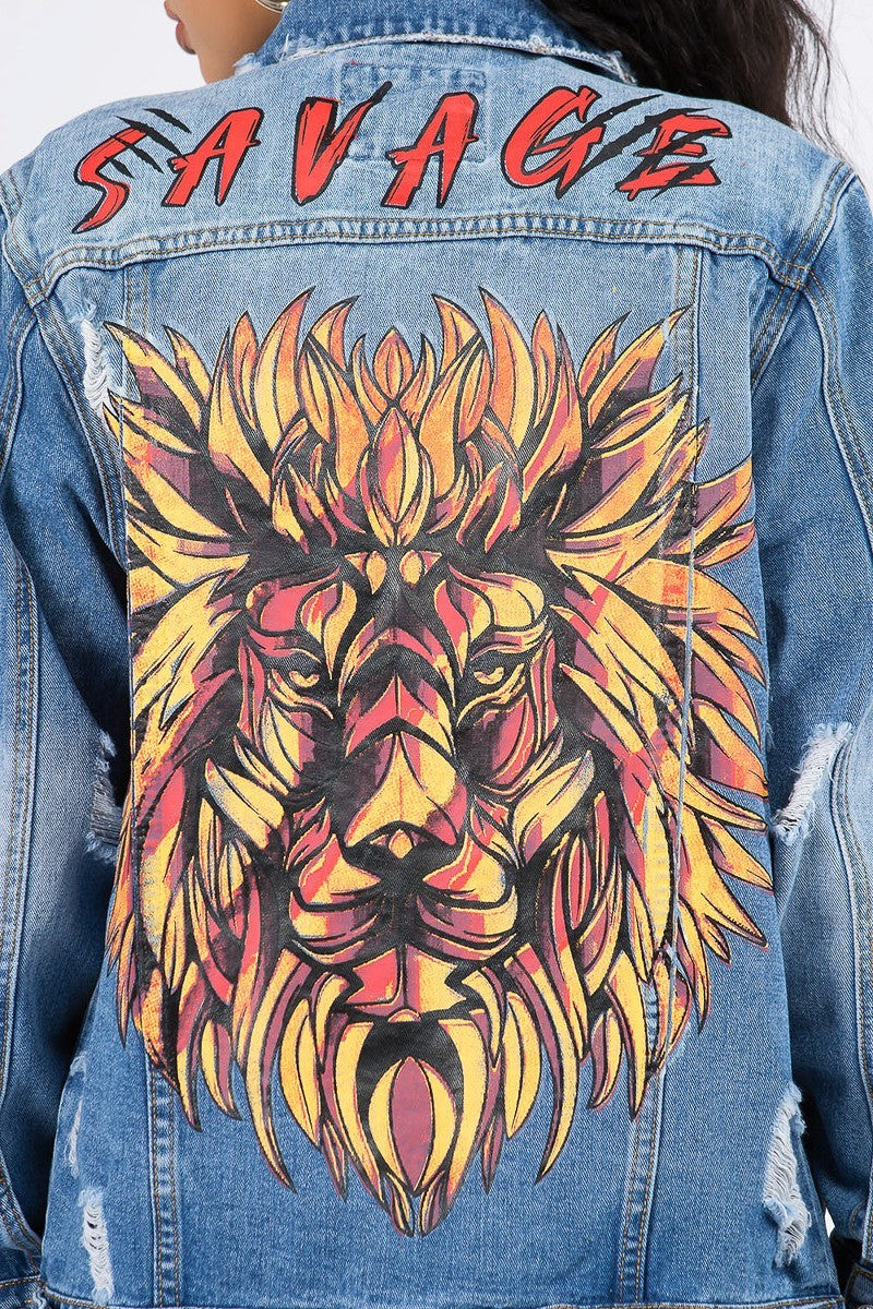 Plus Size Savage Lion Print Denim Jacket - steven wick