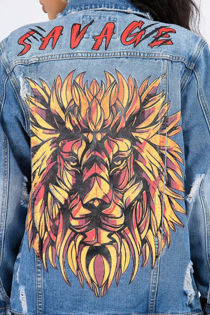 Plus Size Savage Lion Print Denim Jacket - steven wick