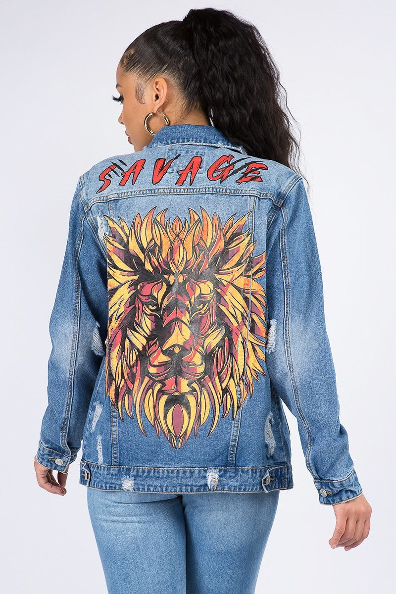 Savage Lion Print Denim Jacket - steven wick