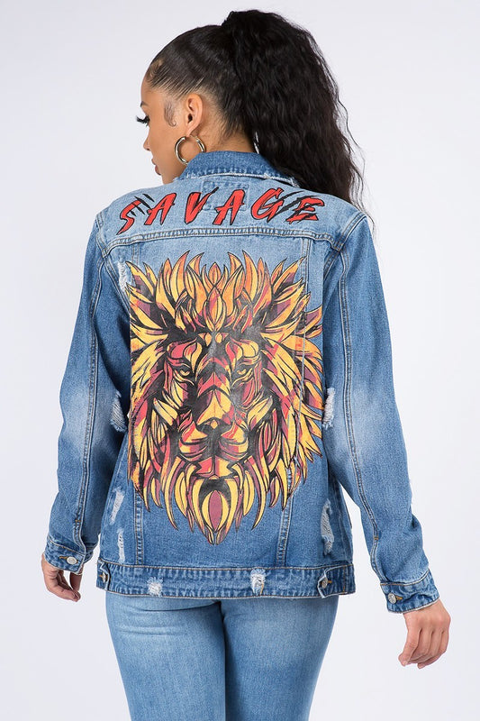 Plus Size Savage Lion Print Denim Jacket - steven wick