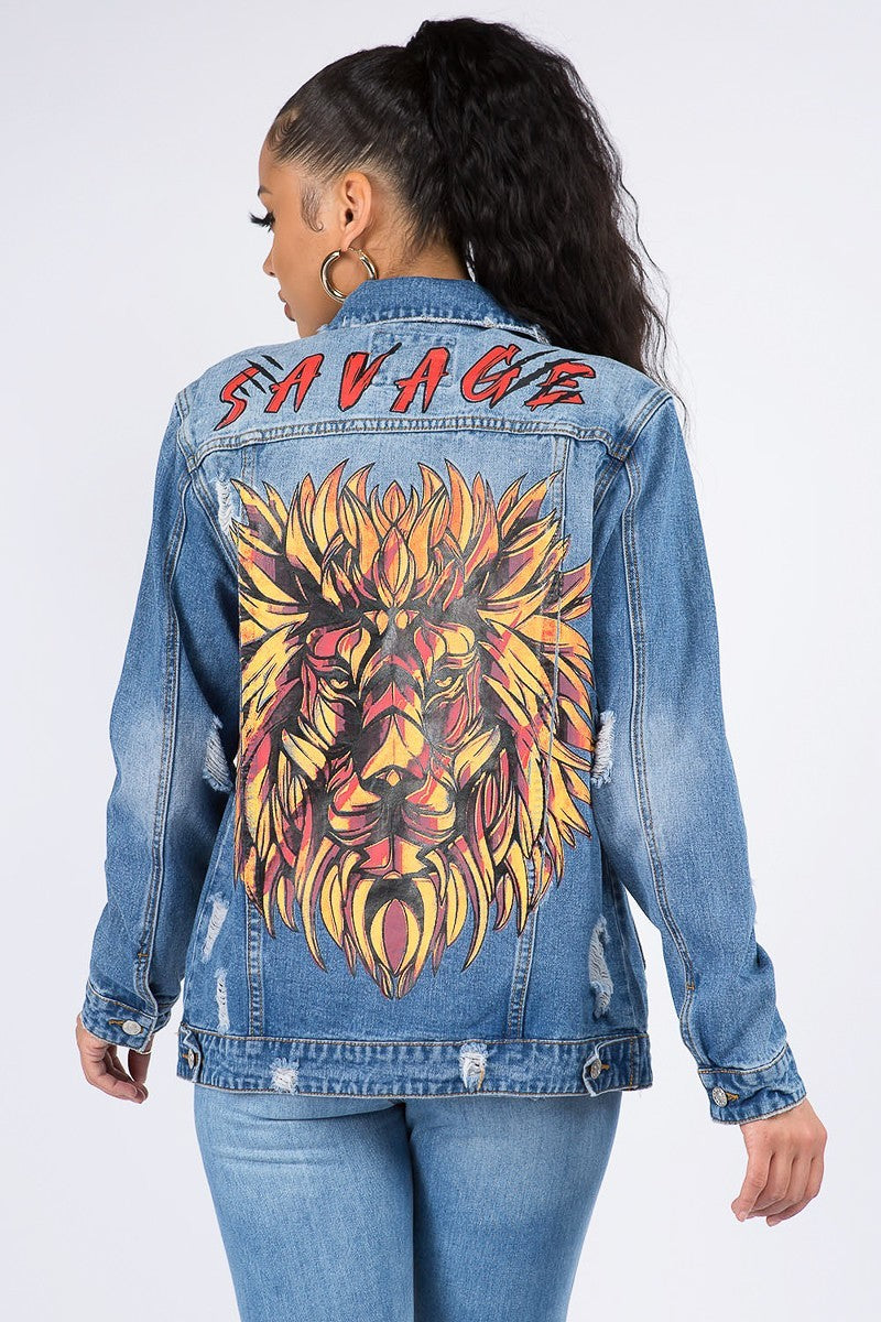 Plus Size Savage Lion Print Denim Jacket - steven wick