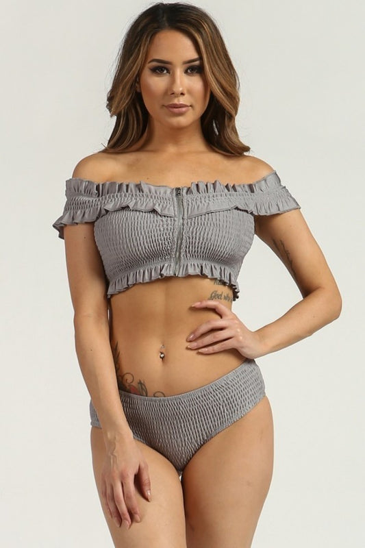 Metallic Silver Off Shoulder Smocked Ruffle Bikini Set - steven wick