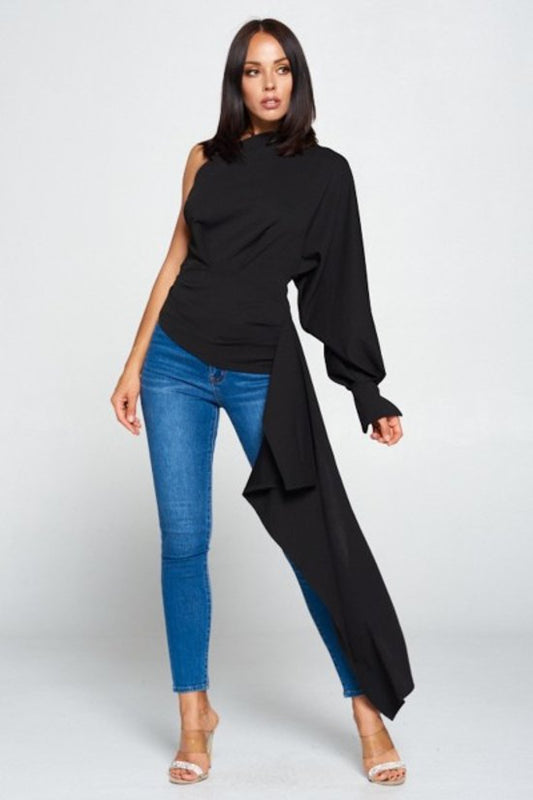 Black One Balloon Sleeve Cut-Out Top - steven wick