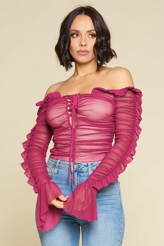 Nicky Minaj Magenta Ruched Lace-Up Off Shoulder Crop Top - steven wick