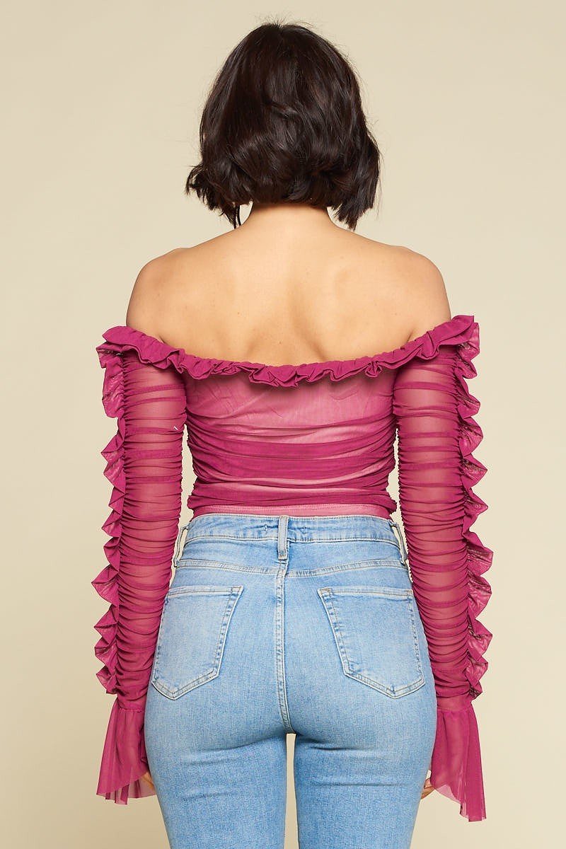 Nicky Minaj Magenta Ruched Lace-Up Off Shoulder Crop Top - steven wick