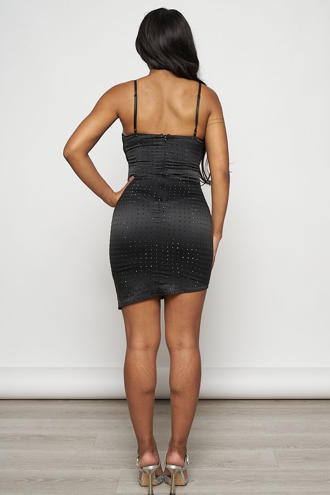 Black Rhinestone Studded Spaghetti Neck Bodycon Dress - steven wick