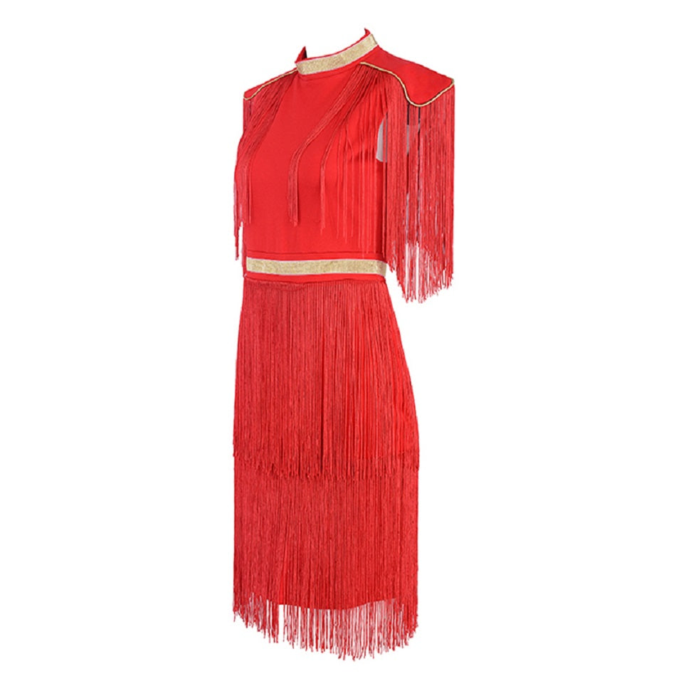 Roxy Red And Gold Bandage Dress With Tassels - steven wick