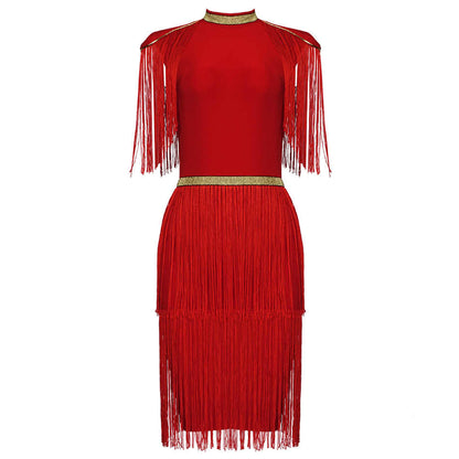 Roxy Red And Gold Bandage Dress With Tassels - steven wick