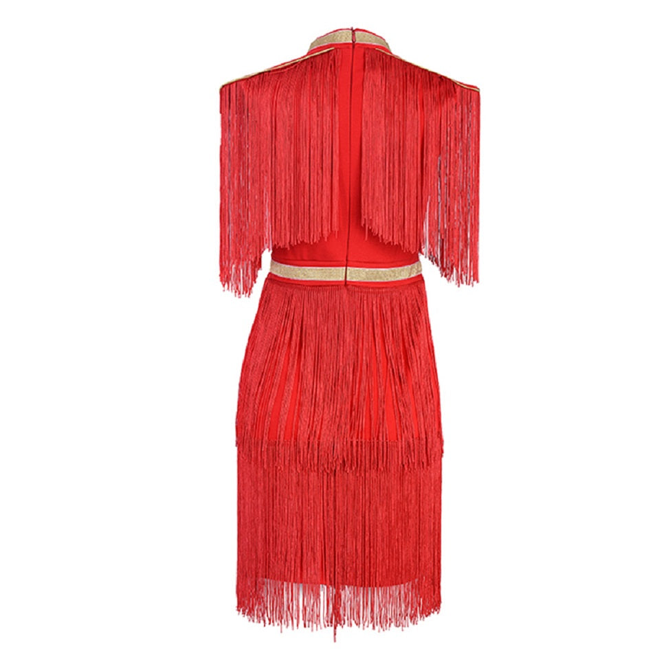 Roxy Red And Gold Bandage Dress With Tassels - steven wick