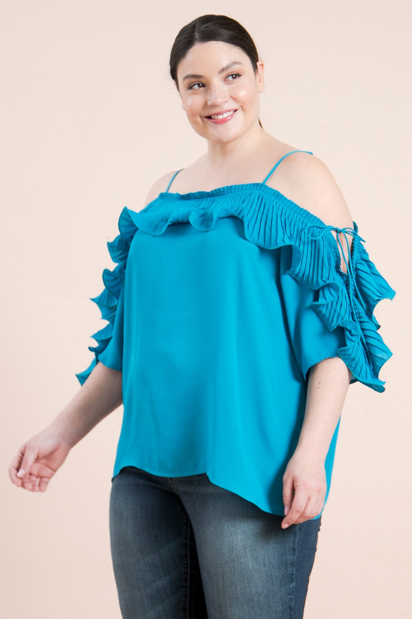 Plus-Size Lopez Turquoise Cold Shoulder Ruffled Pleat Top - steven wick
