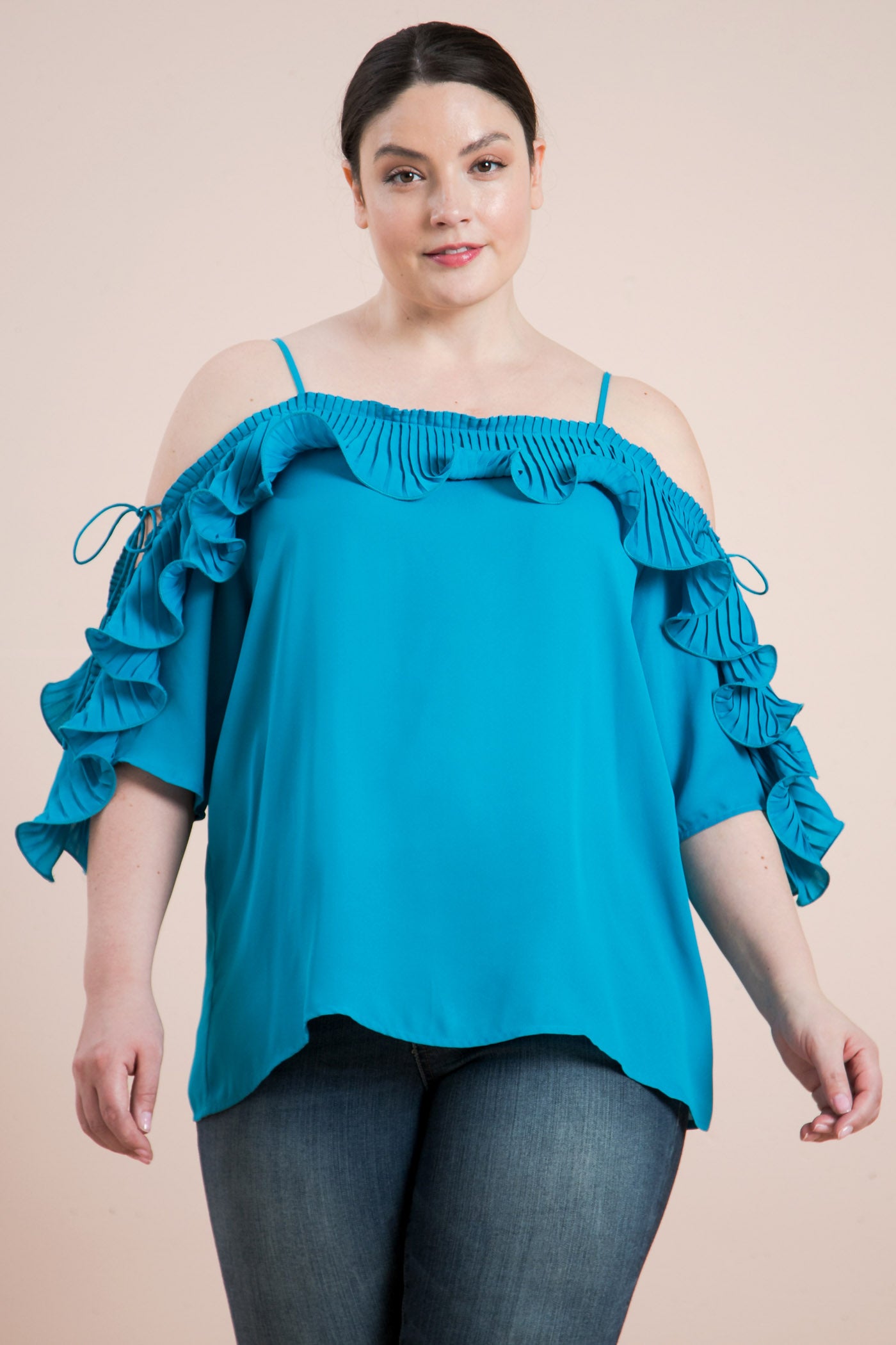 Plus-Size Lopez Turquoise Cold Shoulder Ruffled Pleat Top - steven wick