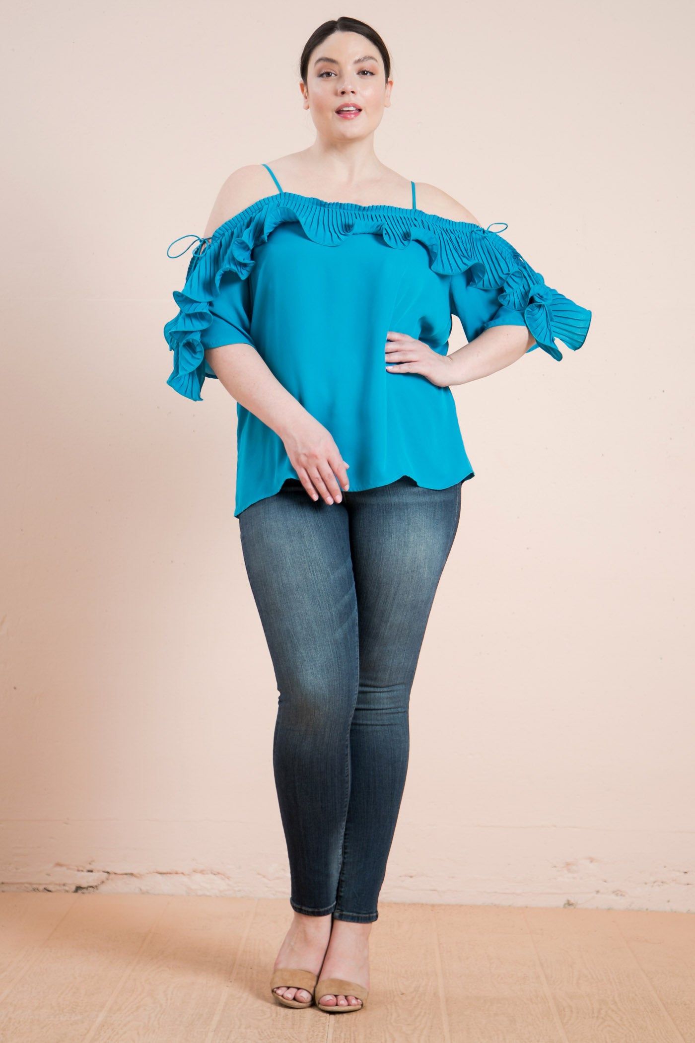 Plus-Size Lopez Turquoise Cold Shoulder Ruffled Pleat Top - steven wick