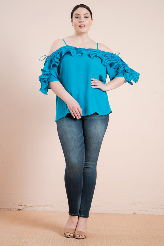 Plus-Size Lopez Turquoise Cold Shoulder Ruffled Pleat Top - steven wick