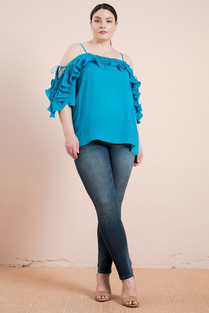 Plus-Size Lopez Turquoise Cold Shoulder Ruffled Pleat Top - steven wick